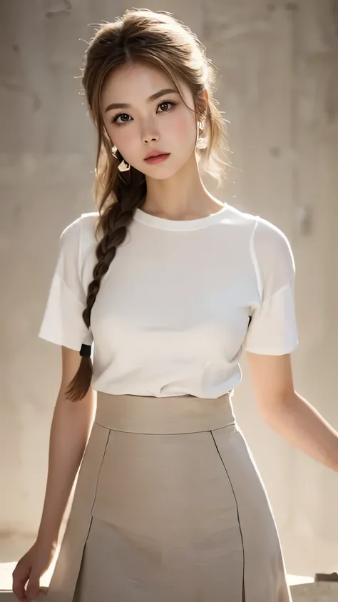 one woman、Upper body angle、cute face、Also々new expression、delicate body shape、Japanese、Japanese、、gray eyes、beige hair、french braid、１６talent、white shirt、(((デニムのlong skirt)))、long skirt、random pose、(((photo studio、Concrete background、perfect lighting、professi...