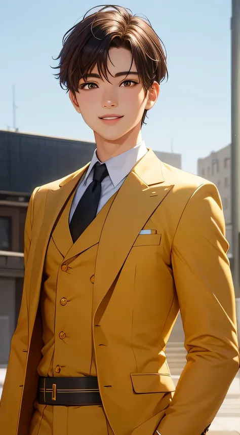 masterpiece, best quality, photorealistic, 1boy, solo, male focus, looking at viewer, upper body, yellow suit, brown hair, smile, world war 1,