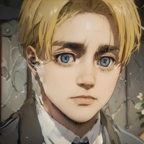 1boy , yellow hair , blue eyes , armin arlert in anime attack on titan , background wall home , middle parted hair , brown office shirt and white shirt inside his brown jacket , thick eyebrows yellow , strong face , the face has no emotion , realistic anim...