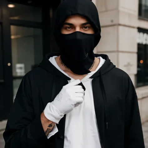 A man wearing all black clothes with a hood over his head wearing a white mas wearing claw gloves