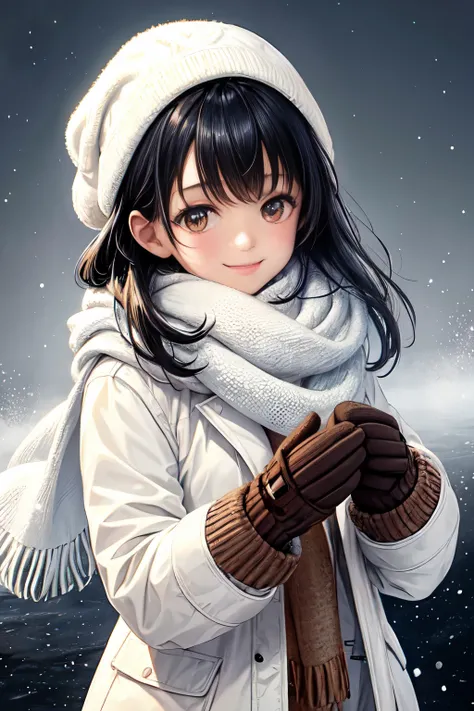 A girl with black hair and brown eyes is standing outside in a snowstorm. She is wearing a white scarf, a jacket, and mittens. She is looking at the viewer with a smile. The image is low quality, blurry, and overexposed. The edges are darkened and there ar...