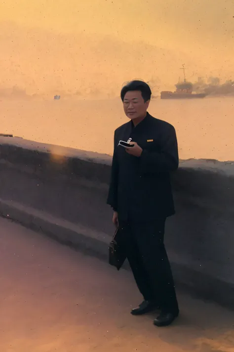 A middle-aged man with dark eyes stood by the river. He is 35 years old. He has a side parted hairstyle，Smiling. He has the vicissitudes of time. He holds a briefcase in his right hand，Holding cigarette butt in left hand. His shirt is a dark blue Chinese t...