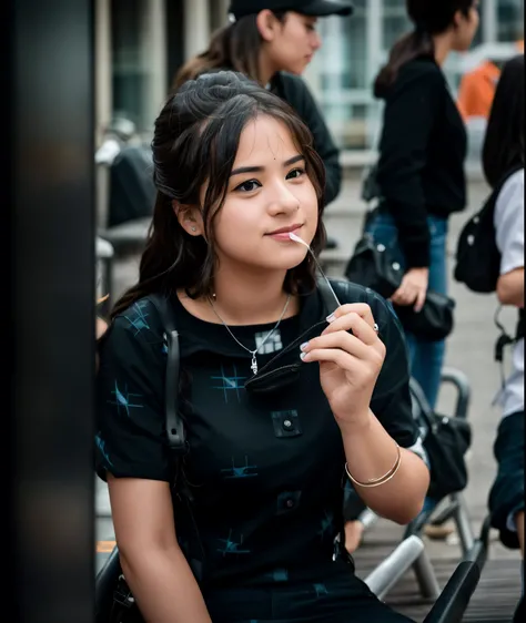 there is a woman sitting on a bench eating a piece of food, shot on nikon z9, shot on canon eos r 5, shot on canon eos r5, taken with sony alpha 9, candid picture, candid photography, captured on canon eos r 6, shot with sony alpha 1 camera, with lovely lo...