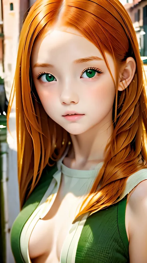 The subject is Tomojo&#39;s half body、young girl, refined facial features, bright skin, ginger hair hair, gray-green eyes. Against the backdrop of Venice:1.5.