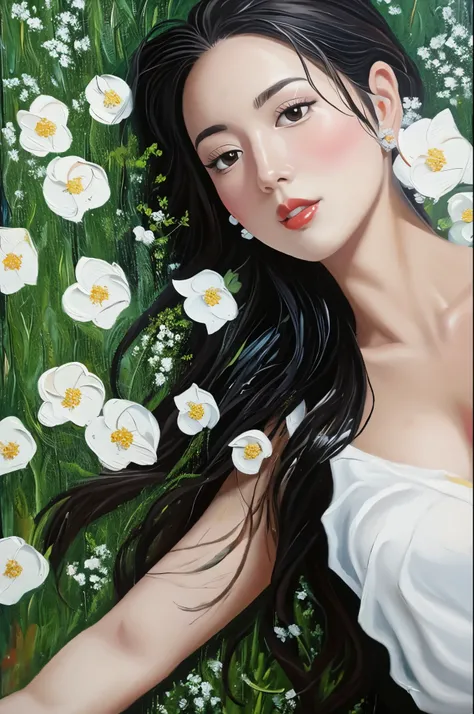  (oil painting:1.5),

a woman with long black hair and white flowers in her hair is laying down in a field of white flowers, (amy sol:0.248), (stanley artgerm lau:0.106), (a detailed painting:0.353), (gothic art:0.106)