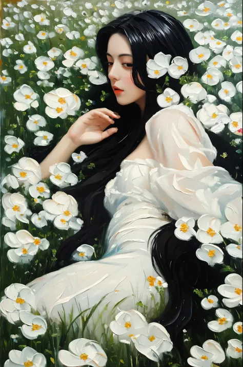  (oil painting:1.5), a woman with long black hair and white flowers in her hair is laying down in a field of white flowers, (amy sol:0.248), (stanley artgerm lau:0.106), (a detailed painting:0.353), (gothic art:0.106)