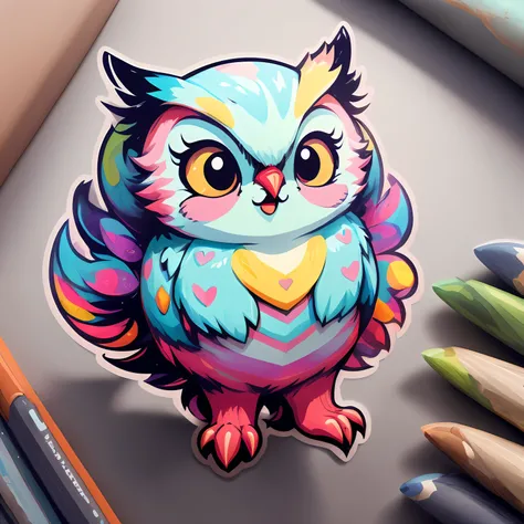 autocollant hibou coloré, illustration d&#39;autocollant, fantasy illustration d&#39;autocollant, bel art numérique détaillé, Hibou mignon, Illustrations d’autocollants, mignon coloré adorable, conception de concept d&#39;autocollant, peinture numérique ad...