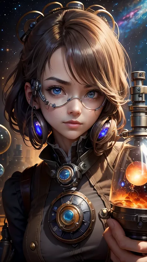 steampunkai。masterpiece。highest quality。detailed details。(galaxy in a flask)。((mysterious observation equipment))。(mysterious observation equipmentを使用する)。(observing galaxies in a flask)。(one woman。perfect face)。(The background is a cluttered laboratory.)。