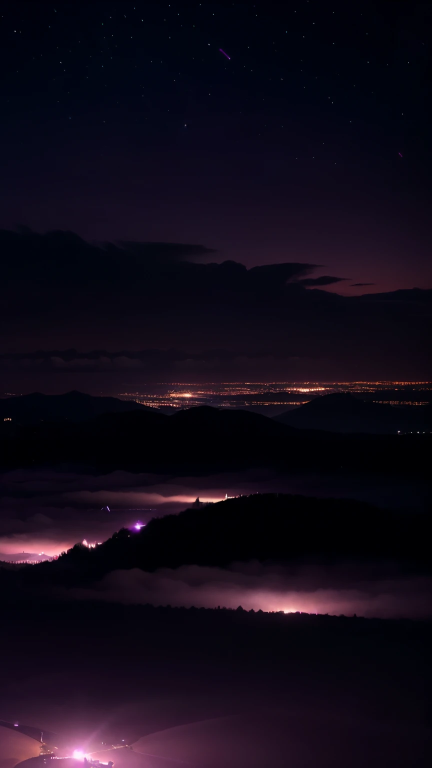 (extremely detailed 8k wallpaper), sky, night, award-winning photography, dramatic lighting, (light purple and dark colors), pink lights