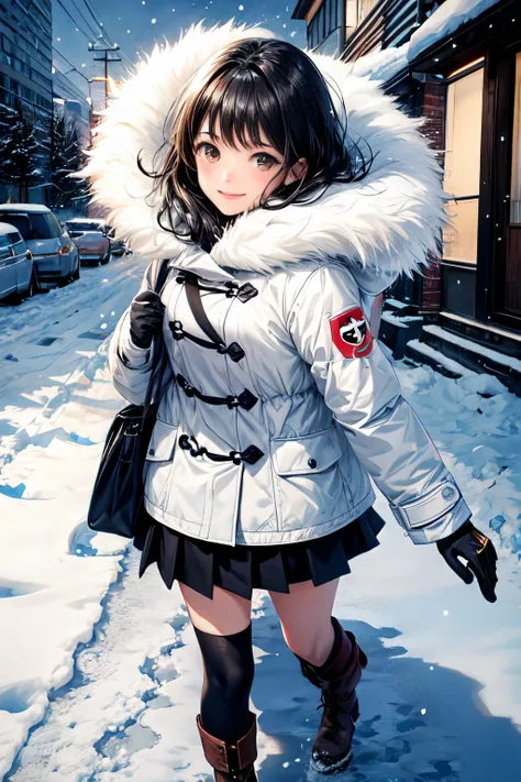 A girl with black hair and brown eyes is walking in a snowstorm. She is wearing a white scarf, a jacket, gloves, and snow boots. She is looking at the viewer with a cheerful expression. The image is low quality, blurry, and overexposed. The edges are darke...