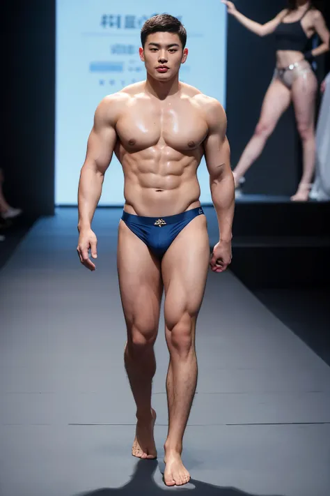 Extremely high quality photos of a bald-headed Chinese man, 22 years old and a bodybuilder, showcasing his muscular figure to the audience on the catwalk. His square face boasts good facial features, meticulously depicted eyes, and an extra very short hair...