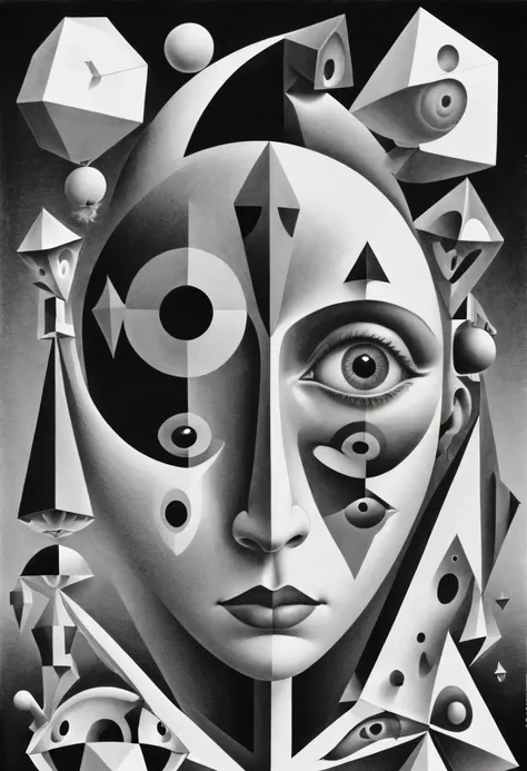 fantasy images with geometric shapes and faces, monochrome