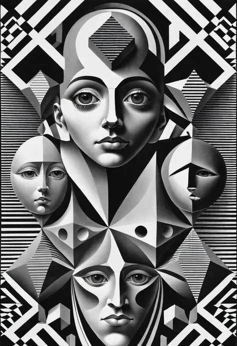 op art - face composed of geometric shapes，monochrome