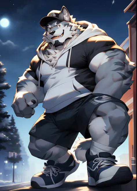 hairy，（（Wolf，hoodie，shorts，Black sneakers，white socks）），white fur，male，Common，full body picture（（极其lifelike阴影，masterpiece，Very detailed，lifelike））， （（Cat）），dynamic poses，Tanonaka，wearing a hat，Wear white socks，beard，Smile，night（（极其lifelike背景，masterpiece，Ve...