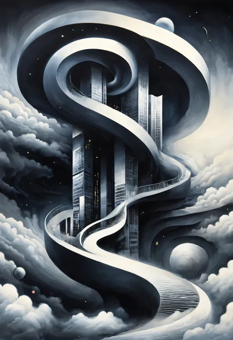 optical illusion，Sujiko Yoshii《architecture》, Ethereal cloudscape style, spiral, photorealistic rendering, minimalist stage designs, design/architecture研究, hazy atmosphere, the greatness of the bible，扭曲的spiral楼梯，humans body，Inception，移动或变化的重复或spiral形状，or p...