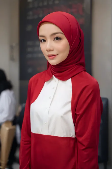 ((upper body)), A woman with hijab, 1 woman, 22yo, realistic, masterpiece, high detailed, looking at viewer, full body shot, scenic view, white shirt, polo shirt, long sleeves, red hijab