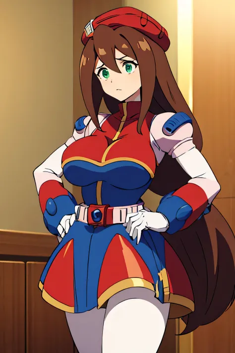 lris,mega man,embarrassed,masterpiece,best quality,brown hair,red cap,long hair,large breast,white gloves,green eyes,