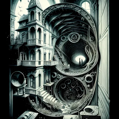 optical illusions，girl and house，endless loop，infinite nesting，