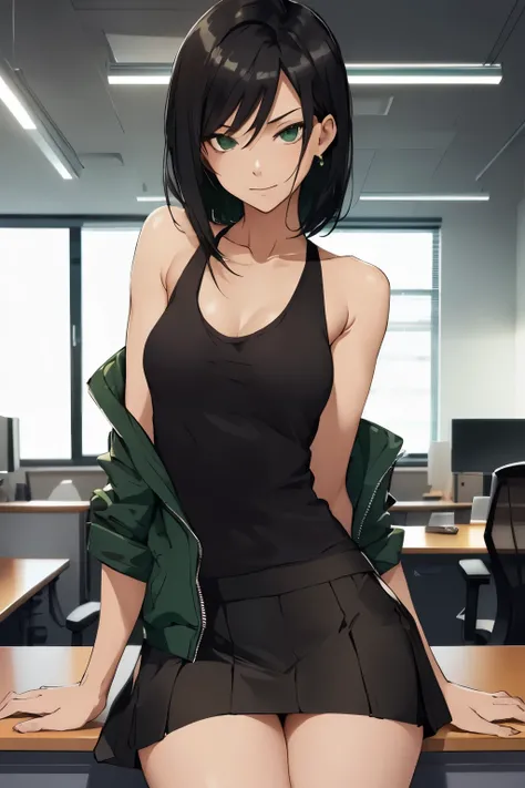 (stripping:1.2),(sexy:1.3),( woman:1.2),(shoulder length black hair),(black tank top),(green jacket and skirt),(enticing),(passionate),(office background),(sitting on desk),(desperate)