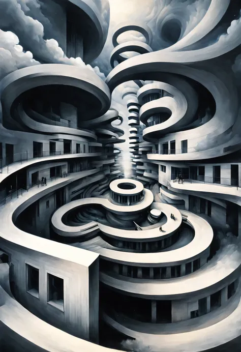 optical illusion，fisheye effect，sujiko yoshii《architecture》, ethereal cloudscape style, spiral, photorealistic rendering, minima...