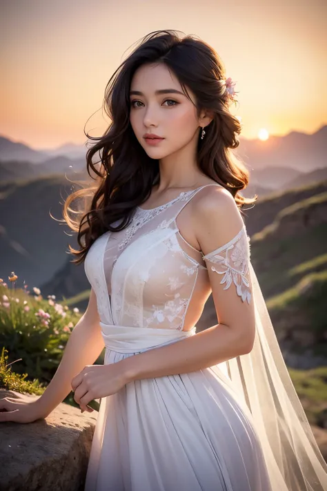 A beautiful woman stood atop a rocky outcropping,  Her hair was swept up in loose curls that tumbled down her back, a subtle hint of makeup accentuated her high cheekbones, full lips, and flawless complexion. As she turned to face the camera, a soft smile ...