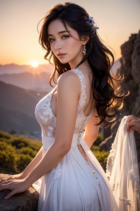 A beautiful woman stood atop a rocky outcropping,  Her hair was swept up in loose curls that tumbled down her back, a subtle hint of makeup accentuated her high cheekbones, full lips, and flawless complexion. As she turned to face the camera, a soft smile ...