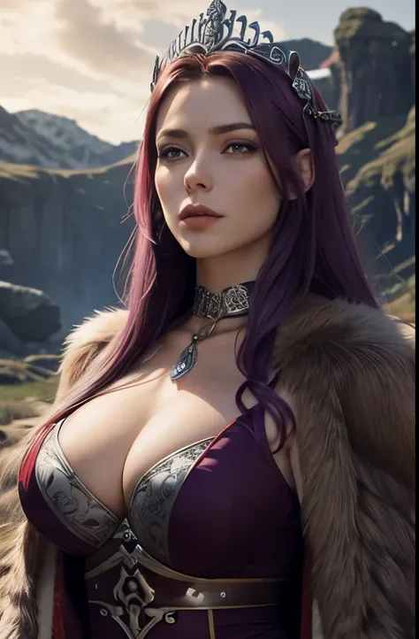 Viking goddess of lust, short dark red dress(fur collar) with silver runes, tiara, big breasts, long open purple hair, bracelets,, rough landscape in the background