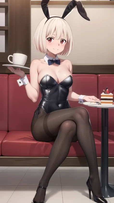 masterpiece, best quality, solo, 1girl, chisato nishikigi, looking at viewer, light smile, closed mouth, blush, embarrassed, medium breasts, playboy bunny, rabbit ears, black pantyhose, red bowtie, wrist cuffs, black leotard, holding tray, cake, cafe, coff...