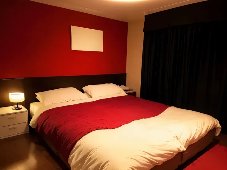 There is a bed with a red and black comforter and pillows, Gorgeous environment, Gorgeous, comfortable atmosphere, comfortable, comfortable atmosphere, comfortable atmosphere, Sublime, comfortable and elegant atmosphere, An atmosphere of sublime comfort, b...