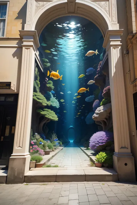 best quality, 32k, RAW photo, incredibly absurdres, extremely detailed, Aquarium, trompe loeil, optical illusion painted on the sidewalk