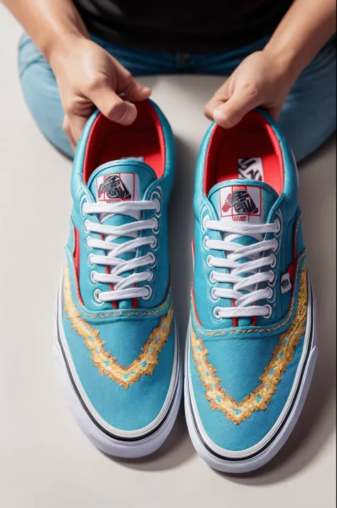 : A stylish pair of Vans shoes featuring a vibrant geometric pattern with a focus on intricate stitching details and unique shoelaces, set against a white background to enhance the footwears design, Photography, using a macro lens (e.g., Canon EF 100mm f/2...