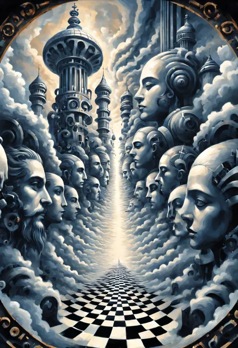 optical illusion ，optical illusion，twisted rotating mechanical gears and palace，chessboard，huge human face，inception，a repeating...