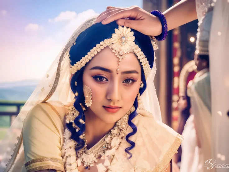 a close up of a woman in a bridal dress with a man in the background, traditional beauty, edited, fanart, of indian princess, actress, dilraba dilmurat, traditional makeup, beautiful, traditional, beautiful gorgeous, dorne, beautiful goddess, stunning beau...