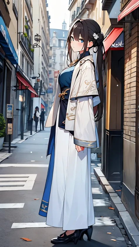 Masterpiece, high quality, 4k, best quality, Paris France city background, winter there is snow falling from the sky , Ruan Mei had light brown hair, casually tied into a bun with a few safety pins and ribbons. Her clothes are dominated by blue and white, ...