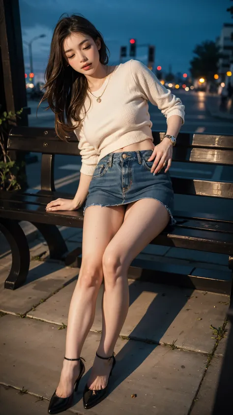 8k, highest quality, （pubic hair beauty）、High resolution, Realistic, real person、downtown at night、I fell asleep drunk on the bench.、Drunk, her legs are wide open and her underwear is visible.、denim mini skirt、beautiful feet、high heels、clutching a sake bot...