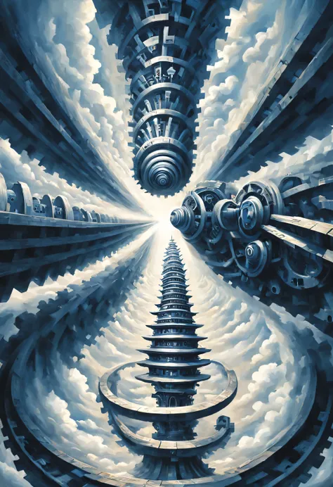 optical illusion ，optical illusion，twisted rotating mechanical gears and palace，chessboard，huge human face，inception，a repeating...