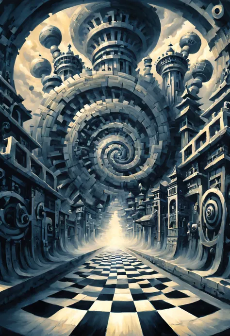 optical illusion ，optical illusion，twisted rotating mechanical gears and palace，chessboard，huge human face，inception，a repeating...