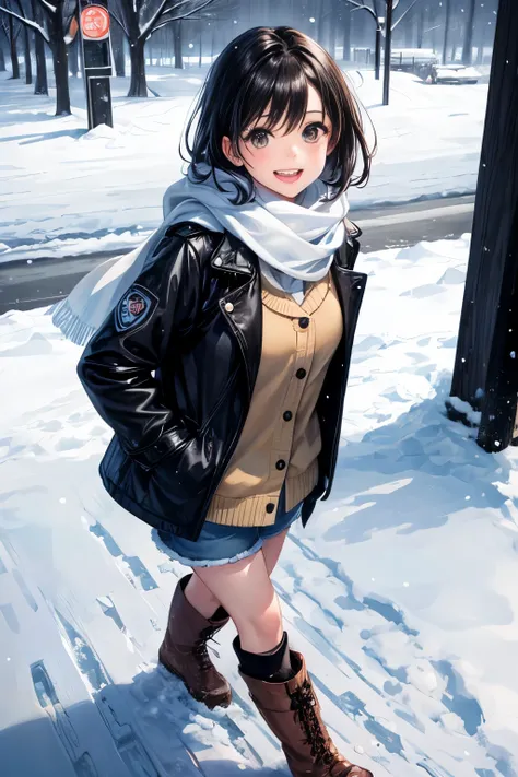 A girl with black hair and brown eyes is walking in a snowstorm. She is wearing a white scarf, a jacket, gloves, and snow boots. She is looking at the viewer with a cheerful expression. The image is low quality, blurry, and overexposed. The edges are darke...