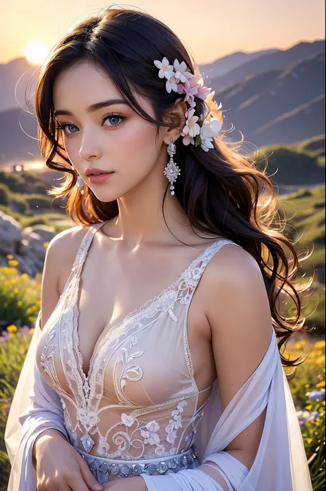 A beautiful woman stood atop a rocky outcropping,  Her hair was swept up in loose curls that tumbled down her back, a subtle hint of makeup accentuated her high cheekbones, full lips, and flawless complexion. As she turned to face the camera, a soft smile ...