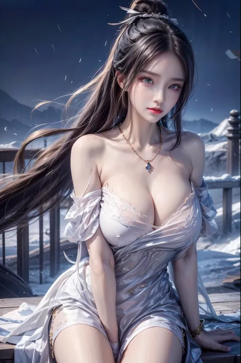 realistic, 1 women, best quality, 12k, HD, long hair, big round breasts, cleavage, ponytail, necklace, jewelry, shorts, short jacket, slim hips, hair tie, yellow eyes, black hair, super detailed, Eye details, hair details, person details, mouth details, fa...