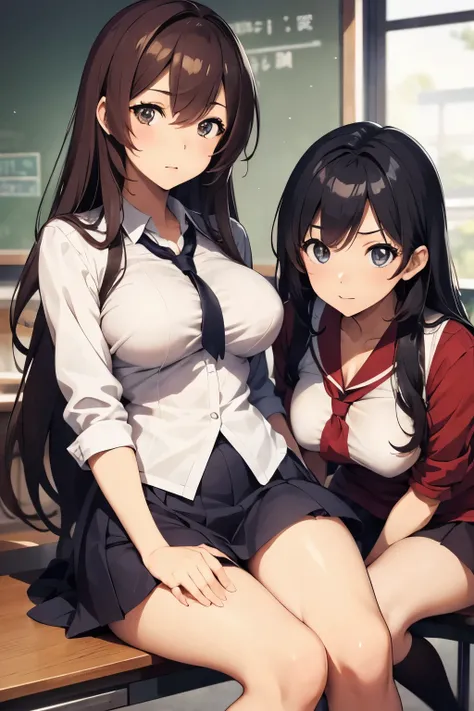 anime, full body, Japanese high school student, two lesbian couples, a girl with wavy hair and a girl with straight hair, cute, big eyes, small nose, big breasts, slender, , classroom, skinship,