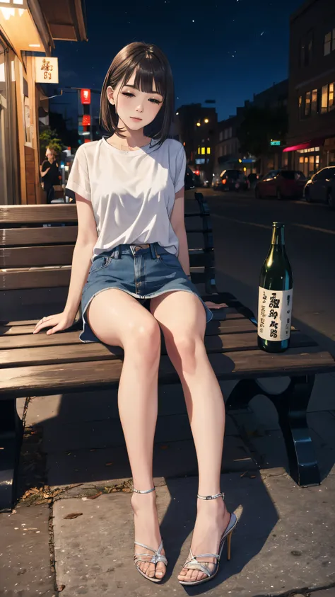 8K, highest quality, （beauty of pubic hair）、High resolution, realistic, real person、downtown at night、I got drunk and fell asleep on the bench..、drunk, Her legs are wide open.、Underwear is visible.、denim mini skirt、beautiful feet、high heels、grasp the sake ...