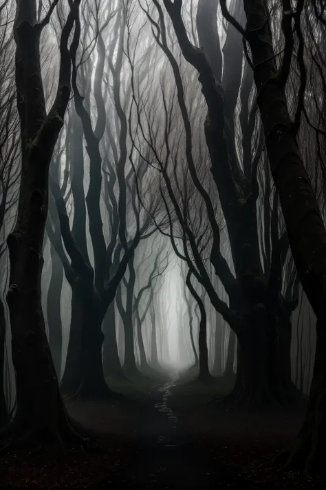 (best quality: 1.2, 8k, 4k, highres), ultra-detailed, (realistic: 1.37, photorealistic, photo-realistic: 1.37), haunted woods, mystical feeling, ominous, enchanted forest, dark shadows, an ominous figure of a man in a black robe lurks behind a tree, barely...