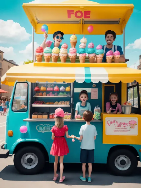 An ice cream truck with bright colors and playful decorations, joyful kids surrounding it with excitement, mouthwatering ice cream cones and popsicles, lively music playing in the background, happy faces admiring the variety of flavors and toppings on disp...