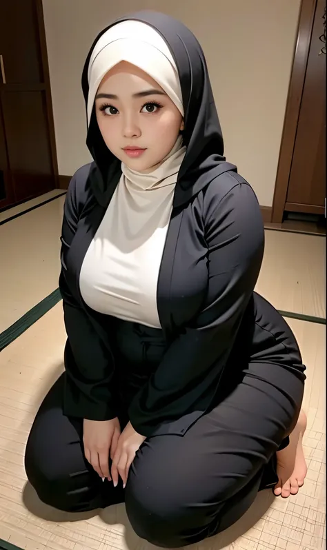 there is a woman kneeling down with a hijab, bbwchan, thicc, hijab outfit, hijab fashion model, korean girl, korean woman, weari...