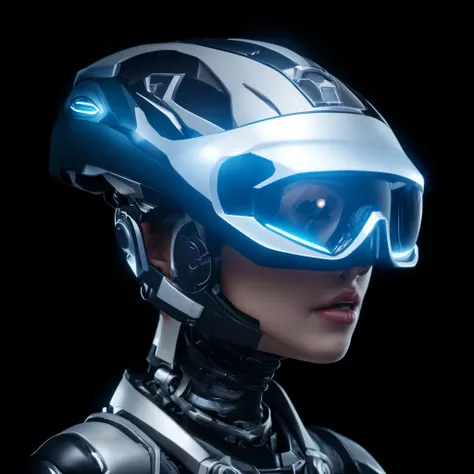 a close up of a woman wearing a futuristic helmet and goggles, cyborg - girl, cyborg fashion model, cyborg woman, futuristic look, sci - fi look, cyborg - girl with silver hair, movie still of a cool cyborg, cyborg girl, cyborg fashion shot, beutiful white...