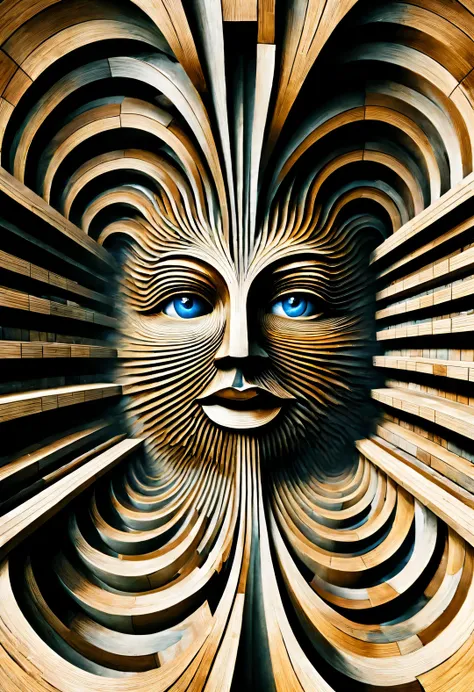 optical illusion ，Optical illusion，Twisted spiral palace inside a kaleidoscope，Wooden inverted twisted human face，（The left and right sides of the inverted face are perfectly blended)，Earth&#39;Natural mirror described as a strange phenomenon，huge human fa...