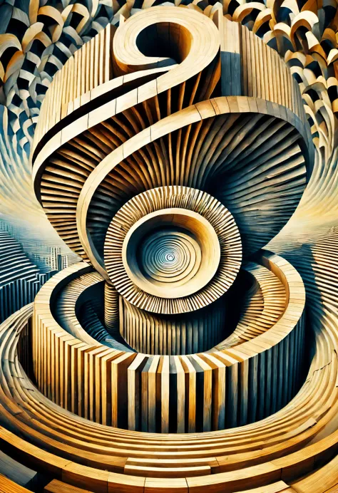 optical illusion ，optical illusion，twisted spiral palace inside a kaleidoscope，wooden inverted twisted human face，（the left and ...