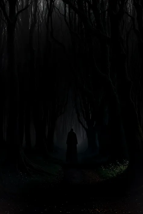 In the depths of a haunted woods, where the mystical feeling of an enchanted forest casts an ominous spell, the twisted branches of ancient trees reach up towards the dark, moody sky. A man in a black robe, barely visible from afar, hides behind a gnarled ...