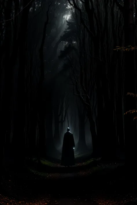 In the depths of a haunted woods, where the mystical feeling of an enchanted forest casts an ominous spell, the twisted branches of ancient trees reach up towards the dark, moody sky. A man in a black robe, barely visible from afar, hides behind a gnarled ...